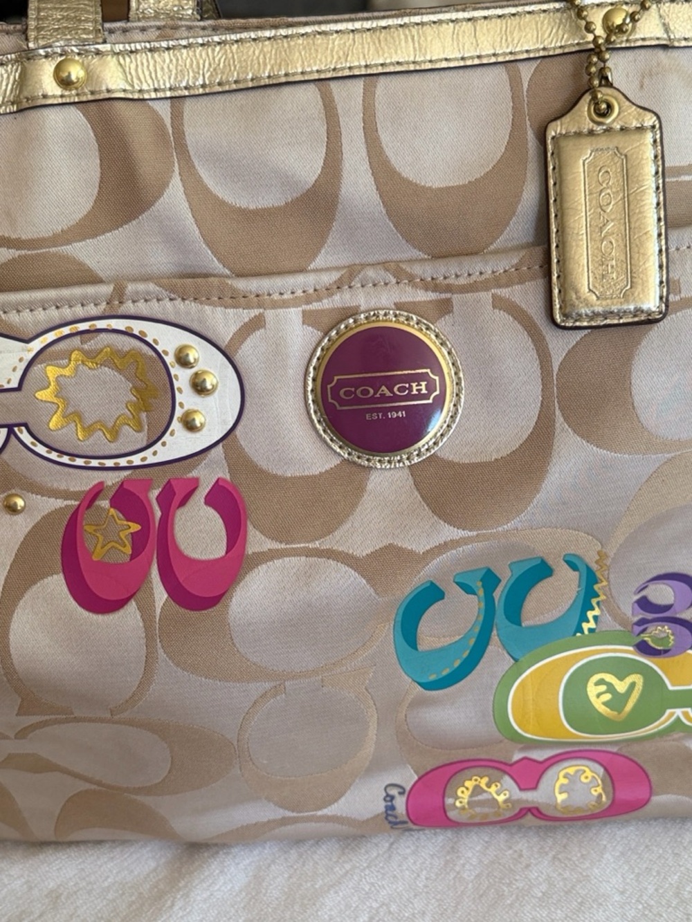 Vintage  Coach Beige Signature Graffiti Sateen Tote/Diaper Bag with Gold Trim